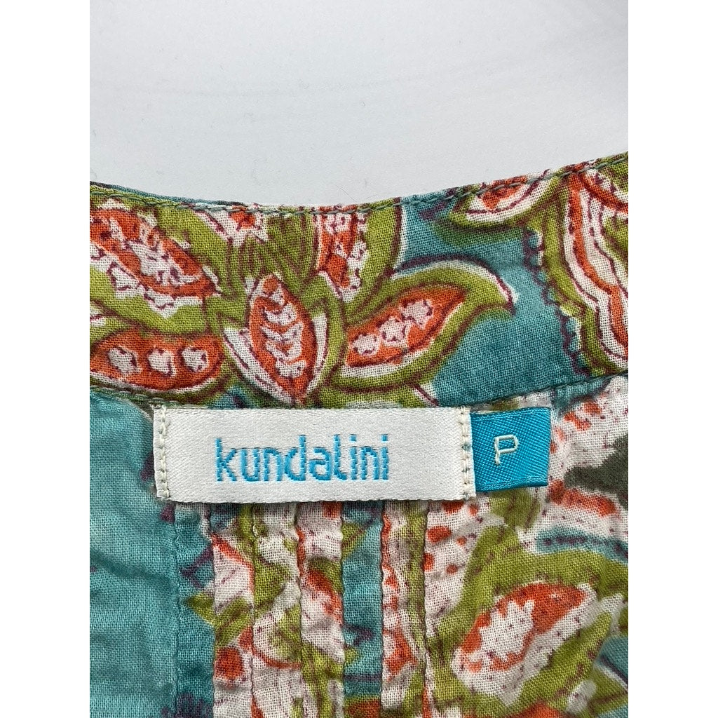 KUNDALINI Women's Green-Tan Printed Henley Short Sleeve Ruffle Hem Dress SZ S