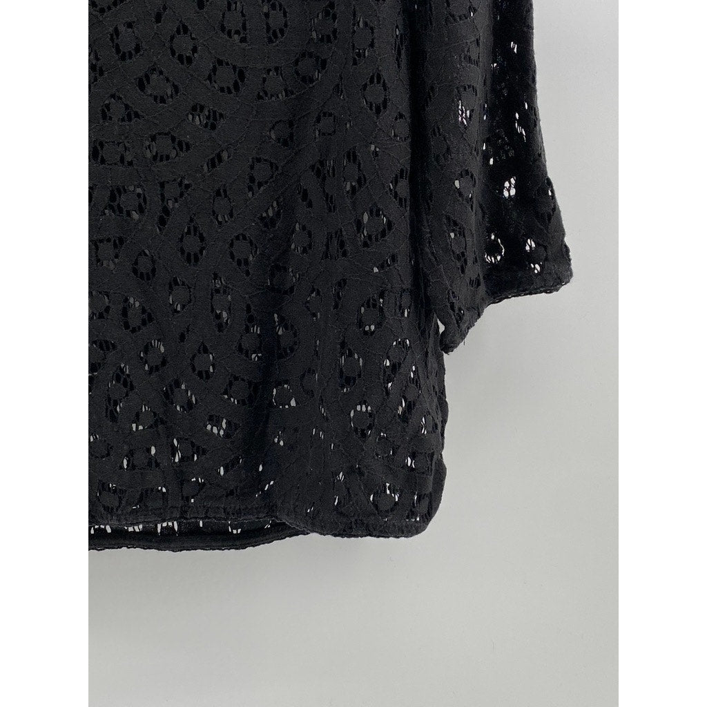 LOFT Women's Black Lace Relaxed Fit Boat-Neck Long Sleeve Top SZ M