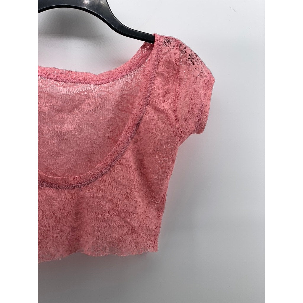 UNBRANDED Women's Light Pink Crewneck Lace Short Sleeve Cropped Top SZ XS