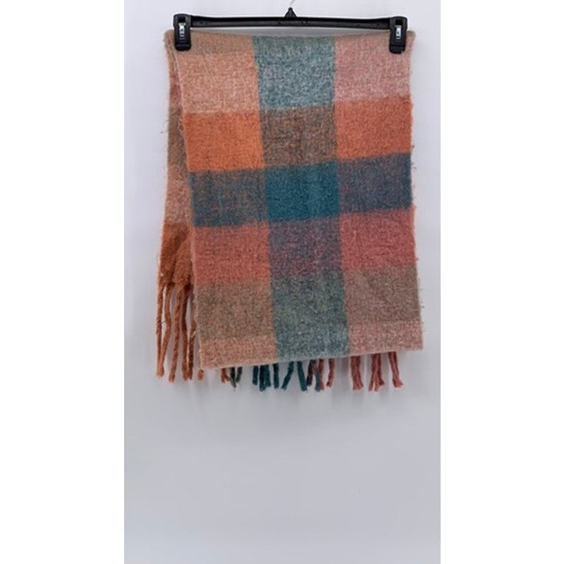 UNBRANDED Women's Peach-Blue Plaid Flannel Fringed Scarf