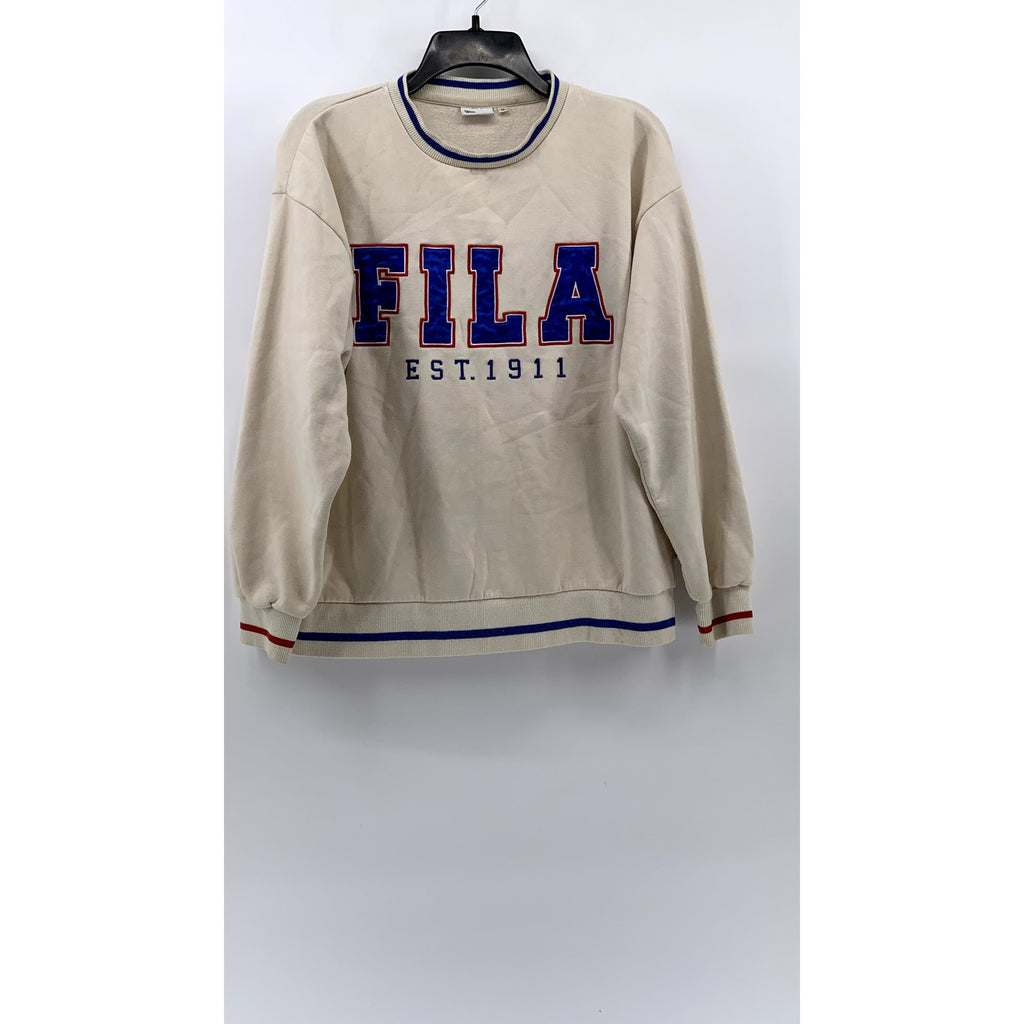 FILA Women's Beige Vintage Crewneck Embroidered Patch Logo Sweatshirt SZ M