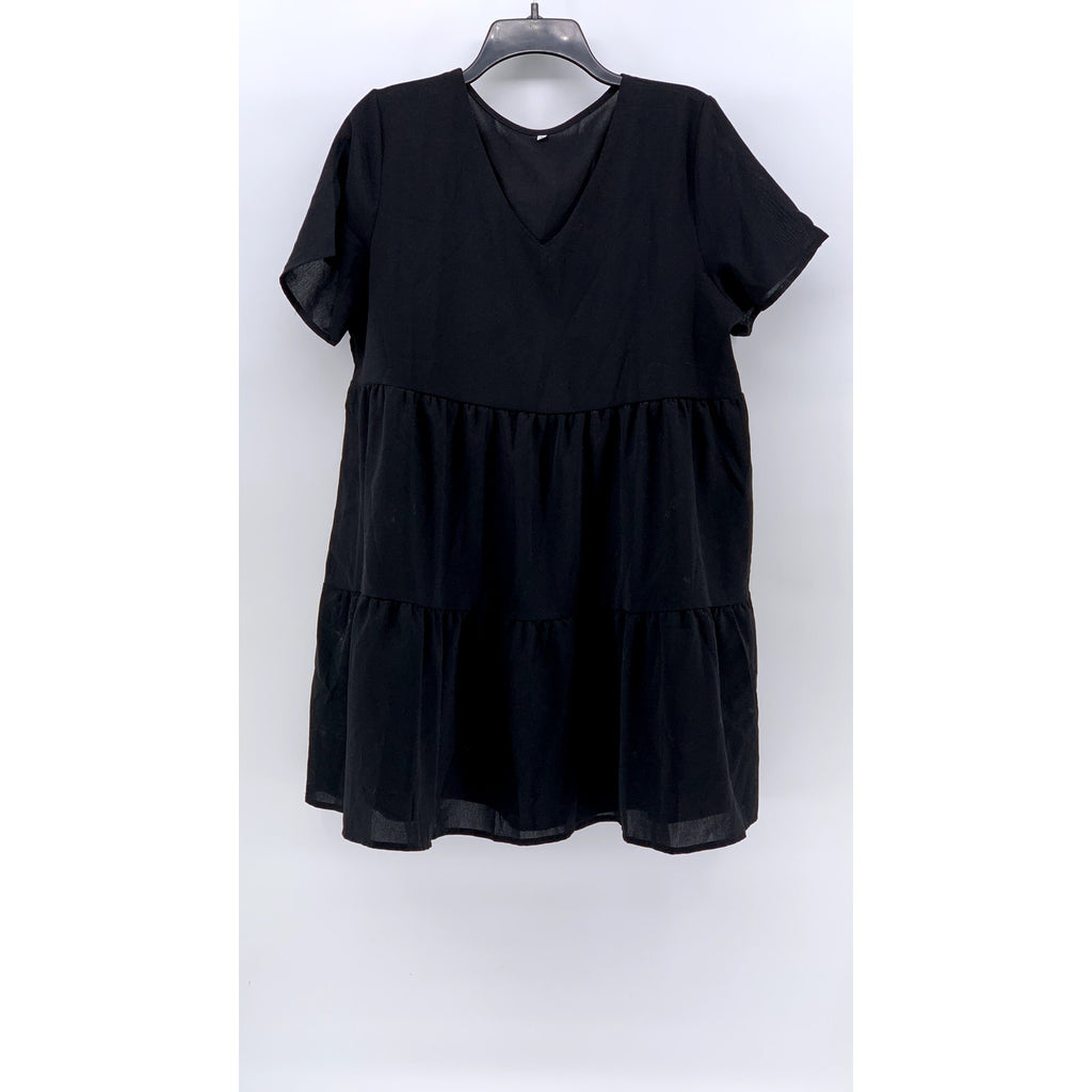 UNBRANDED Women's Black Solid V-Neck Tiered A-Line Mini Skirt SZ L