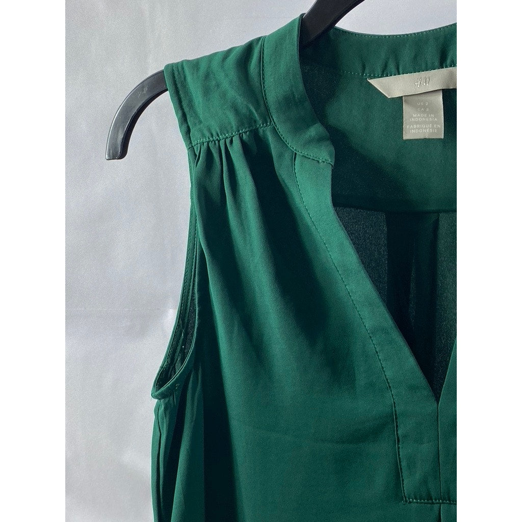 H&M Women's Forest Green V-Neck Semi-Sheer Round-Hem Mini Dress SZ 2