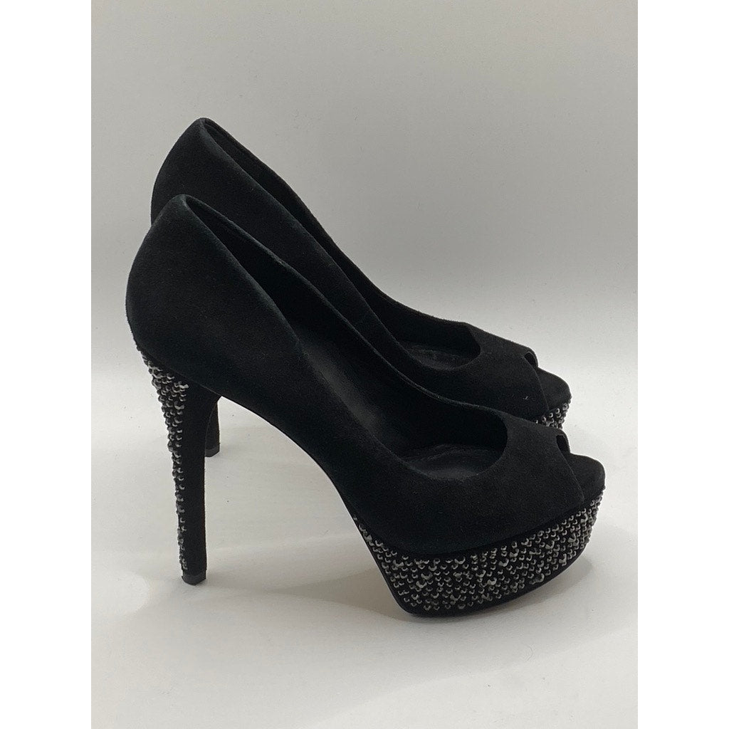 BRIAN ATWOOD Women’s Black Rhinestone Embellished Peep-Toe Platform Pumps SZ 6.5