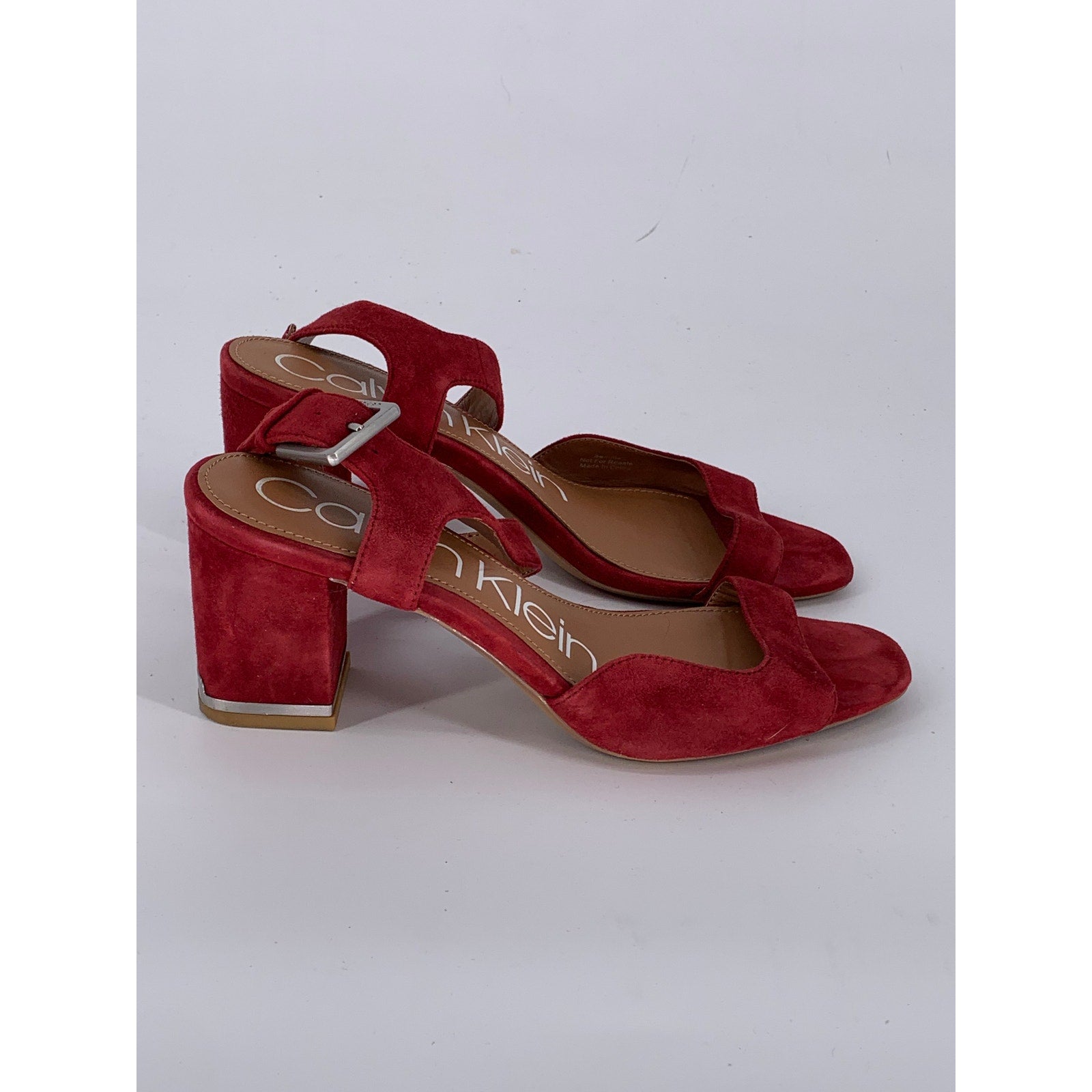 CALVIN KLEIN Women's Red Faux-Suede Open Toe Block-Heel Ankle Strap Sandals SZ 7