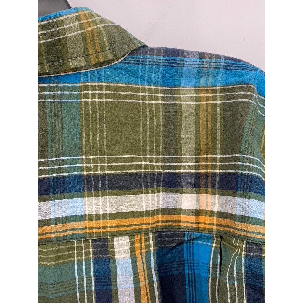 XXX RUDE Men's Green-Blue Plaid Button-Up Long Sleeve Regular-Fit Shirt SZ M