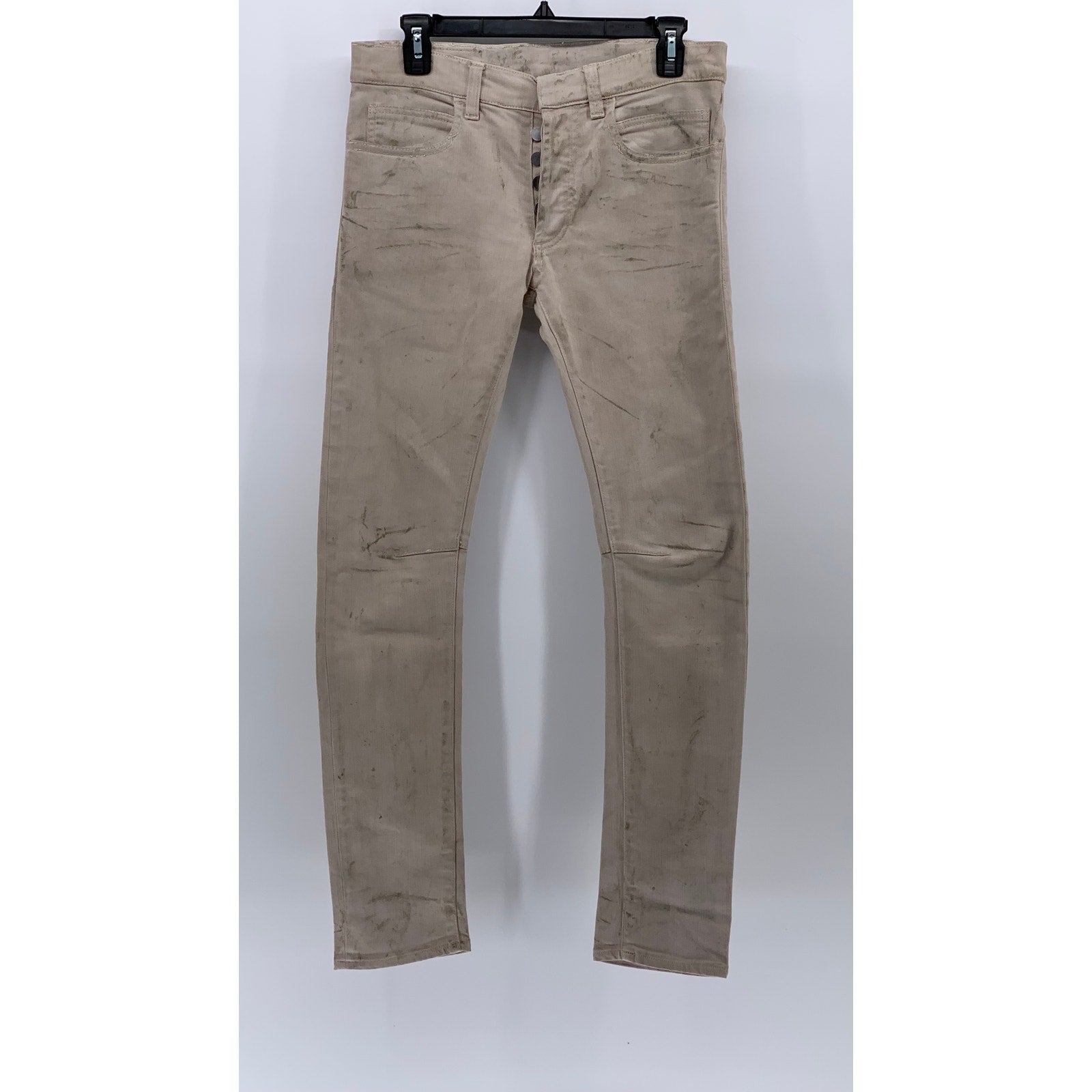 UNBRANDED Men's Beige Distressed Button-Fly Skinny-Leg Regular-Fit Pant SZ 29