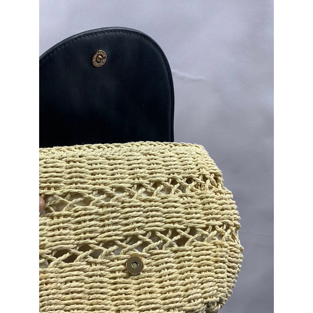 A NEW DAY Women's Black-Tan Straw Flap Snap Button Shoulder Cross-Body Bag