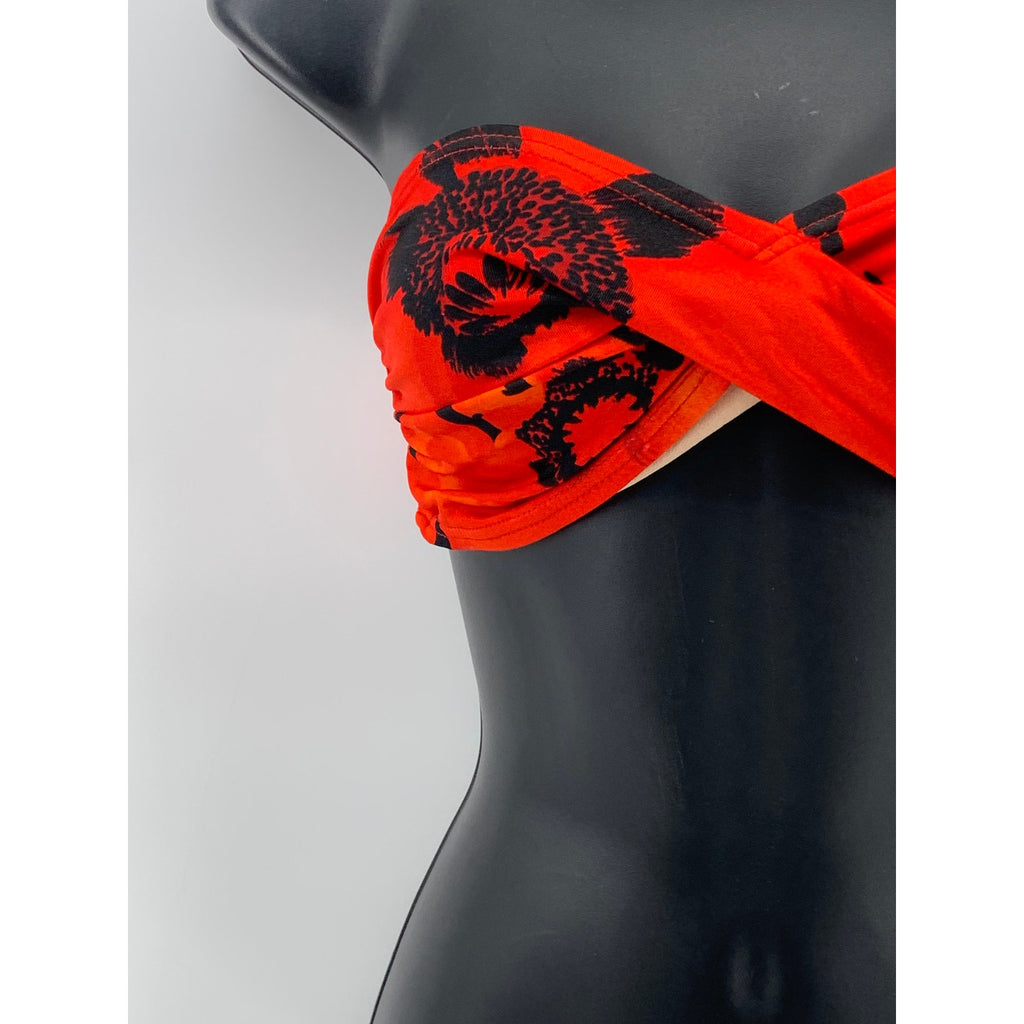 UNBRANDED Women's Red-Black Strapless Twist-Front Floral Bikini Top SZ S