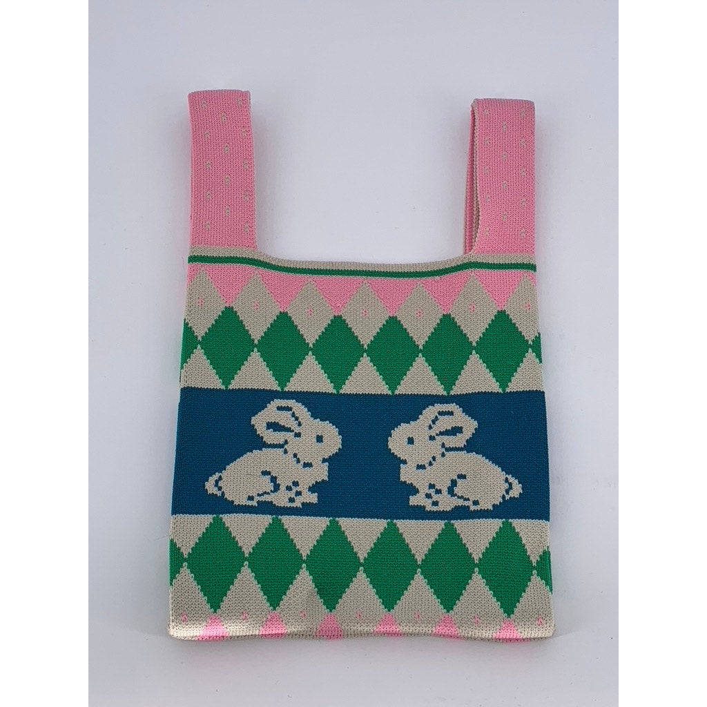 UNBRANDED Women's Pink-Blue-Green Rabbit Print Handmade Small Tote Bag SZ OS