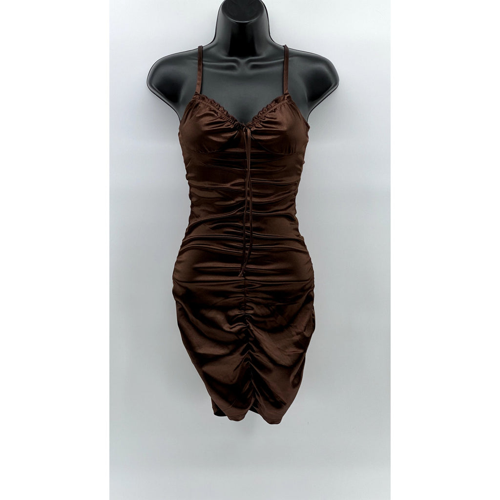 DIVDED BY H&M Women's Chocolate Brown Ruched Spaghetti Strap Bodycon Dress SZ XS