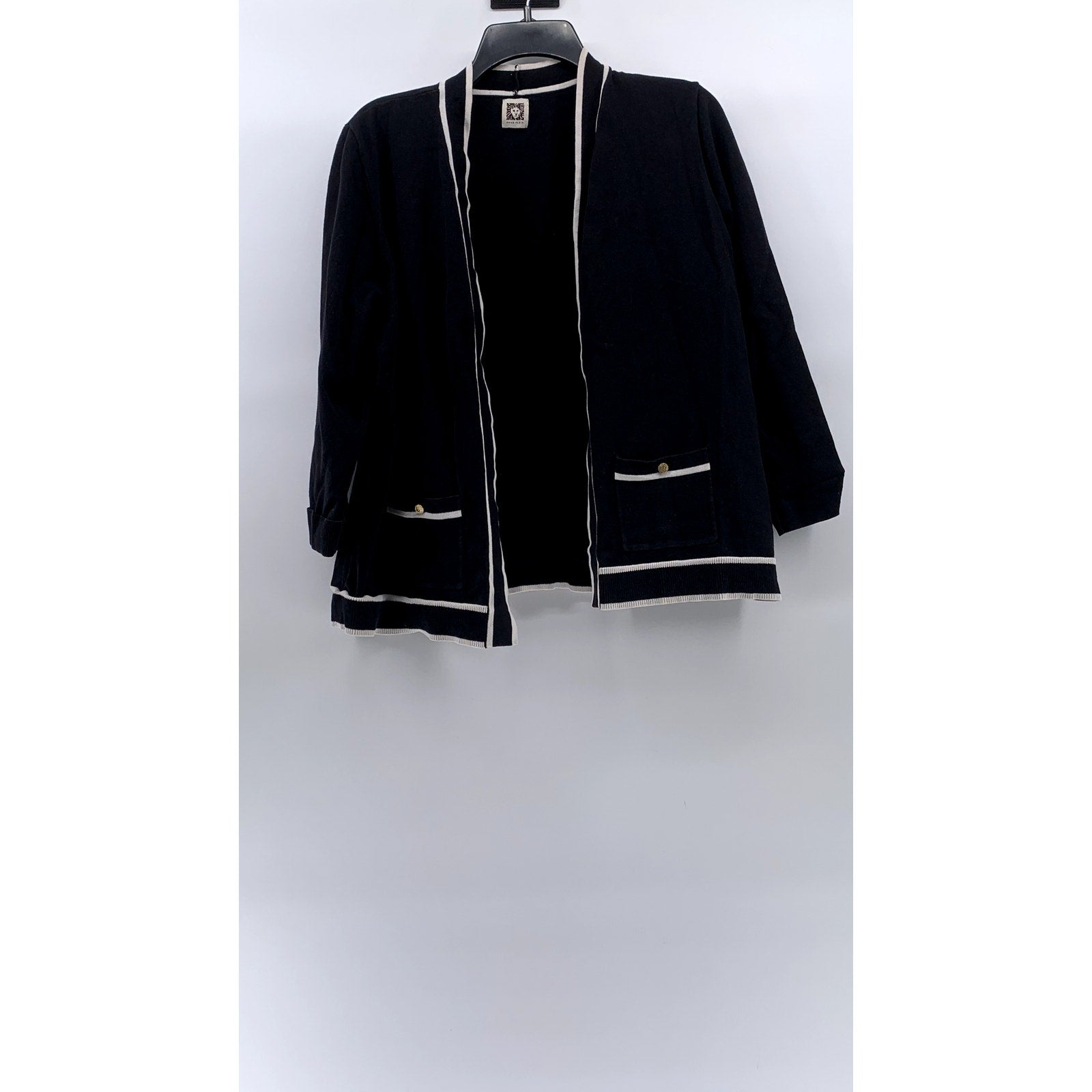ANNE KLEIN Women's Black-White Malibu Open-Front Collarless Cardigan SZ M