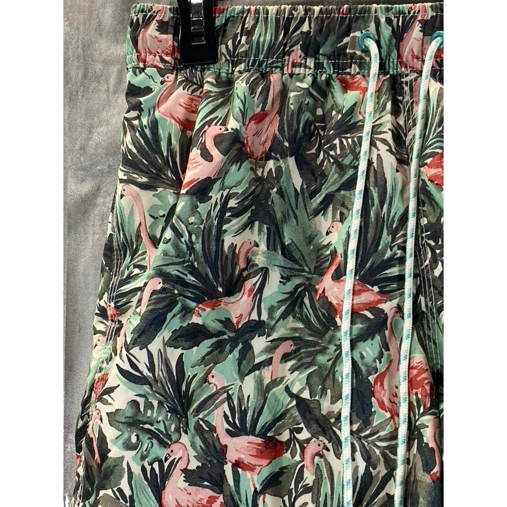 GOODFELLOW & CO Men's Green Palm Flamingo Print Drawstring Swimtrunks SZ M