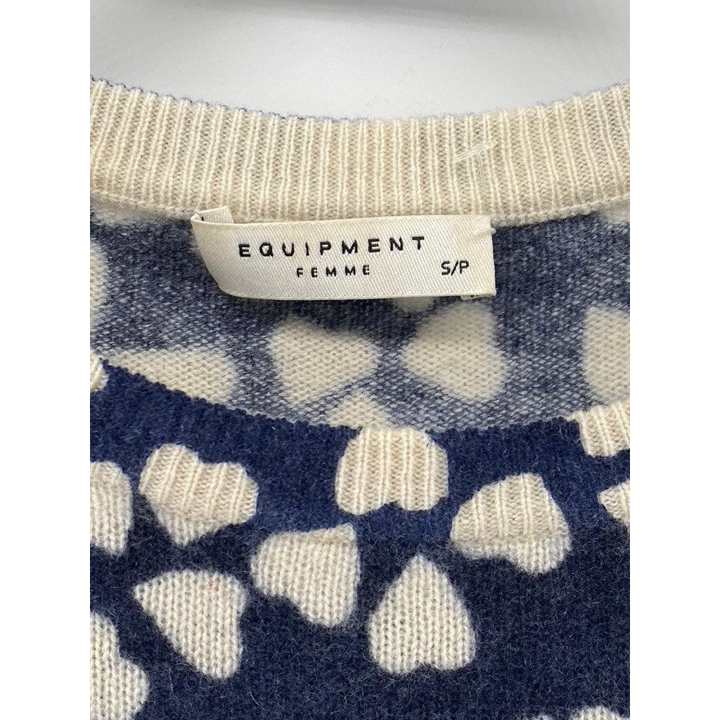 EQUIPMENT FEMME Women’s Navy-White Cashmere Heart Print Crewneck Sweater SZ S