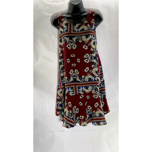 JODIFL Women's Burgundy-Beige-Blue Printed Scoop-Neck Tank Mini Dress SZ M