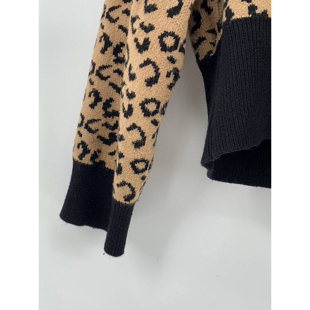 UNBRANDED Women's Black-Brown Leopard Cropped Knit Long Sleeve Cardigan SZ S