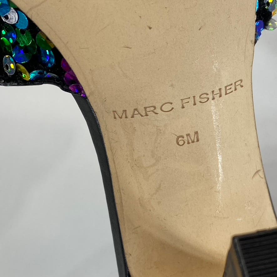 MARC FISHER Women's Black Multi Sequin Danria Square-Toe Stiletto Sandals SZ 6