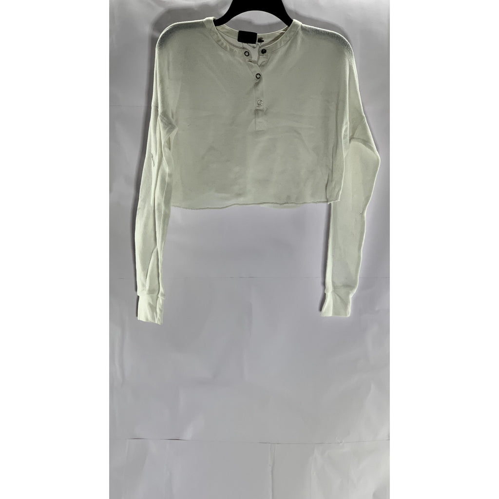 OUT FROM UNDER Women's White Snap-Button Henley Long Sleeve Top SZ S