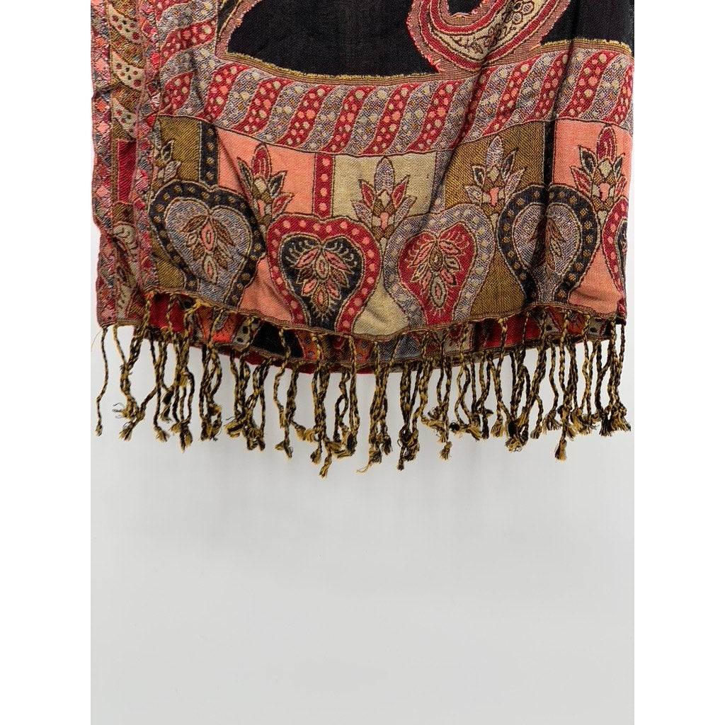 UNBRANDED Women's Brown-Orange Paisley Fringe Knit Shawl
