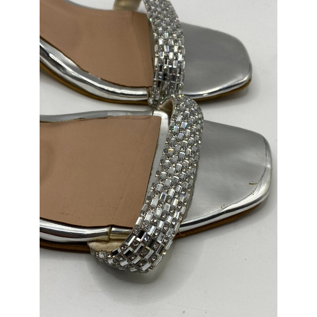 PATTERNZ Women's Silver Rhinestone Open-Toe Ankle-Strap Block Heel Sandals SZ 7