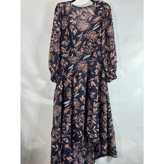 ELIZA J Women's Navy Floral Jewel Neck Tiered Chiffon Long Sleeve Dress SZ 8