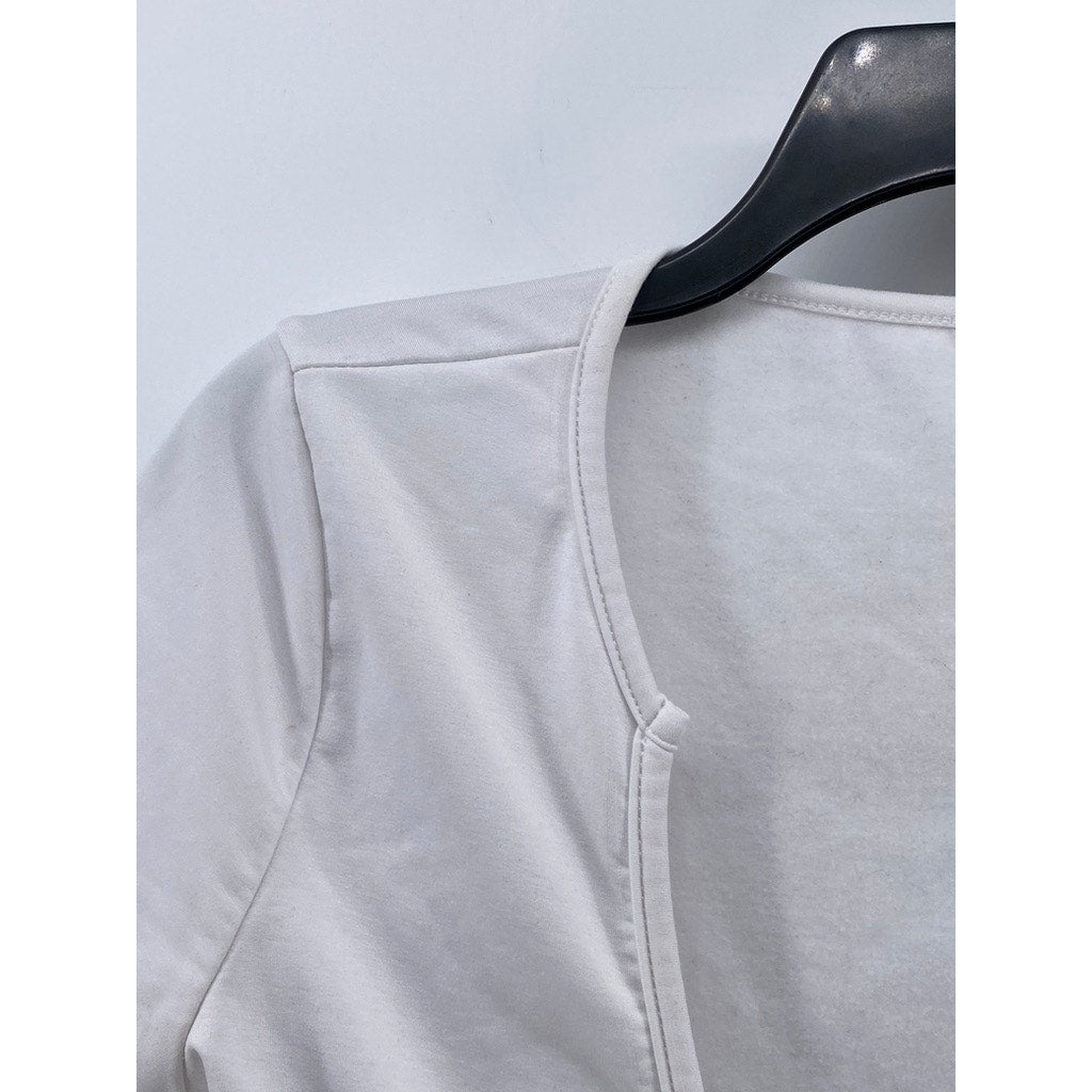 UNBRANDED Women's White Solid V-Neck Short Sleeve Tie-Knot Crop Top SZ S