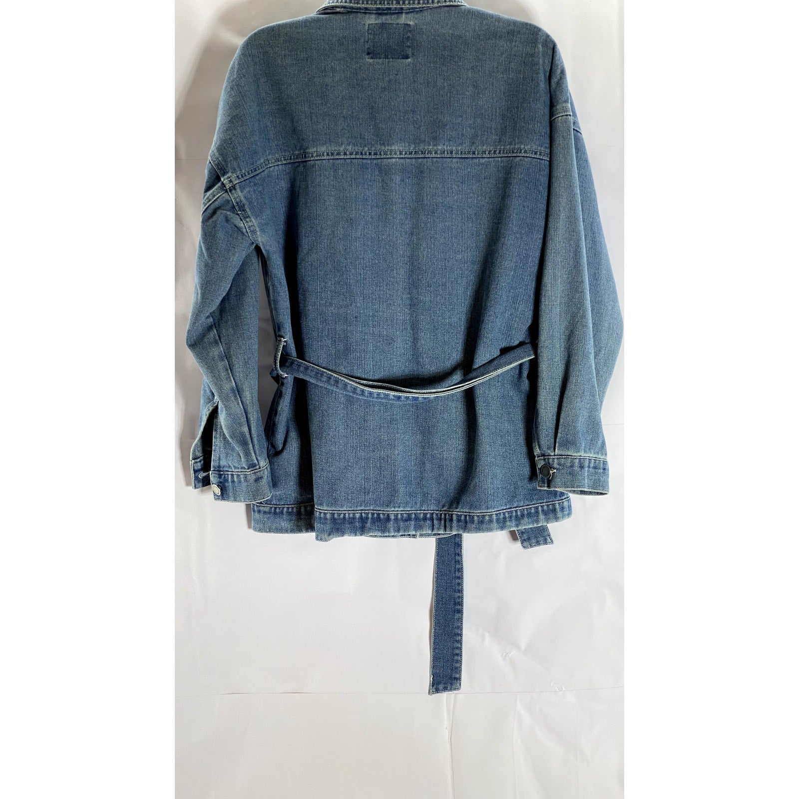 BLACK LABEL By C'EST TOI Women's Blue Denim Button-Up Belted Long Sleeve Top SZM