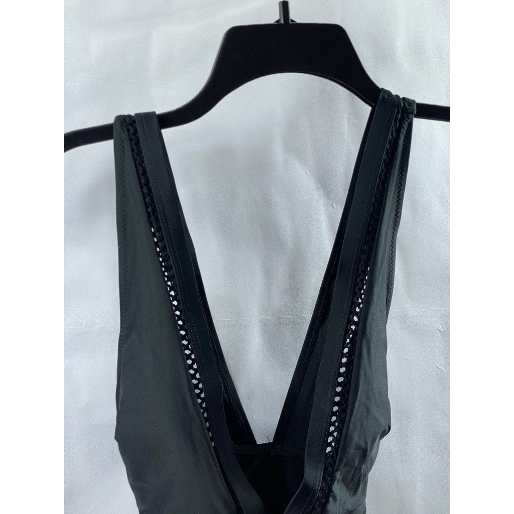 UNBRANDED Women's Black Eyelet Deep V-Neck Cross-Back Bathing Suit SZ S