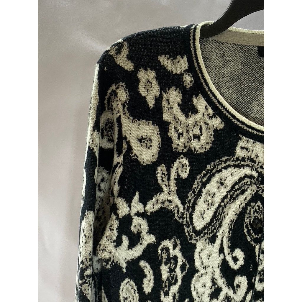 PREMISE STUDIO Women's Black/Cream Paisley Print Button-Up Knit Cardigan SZ M