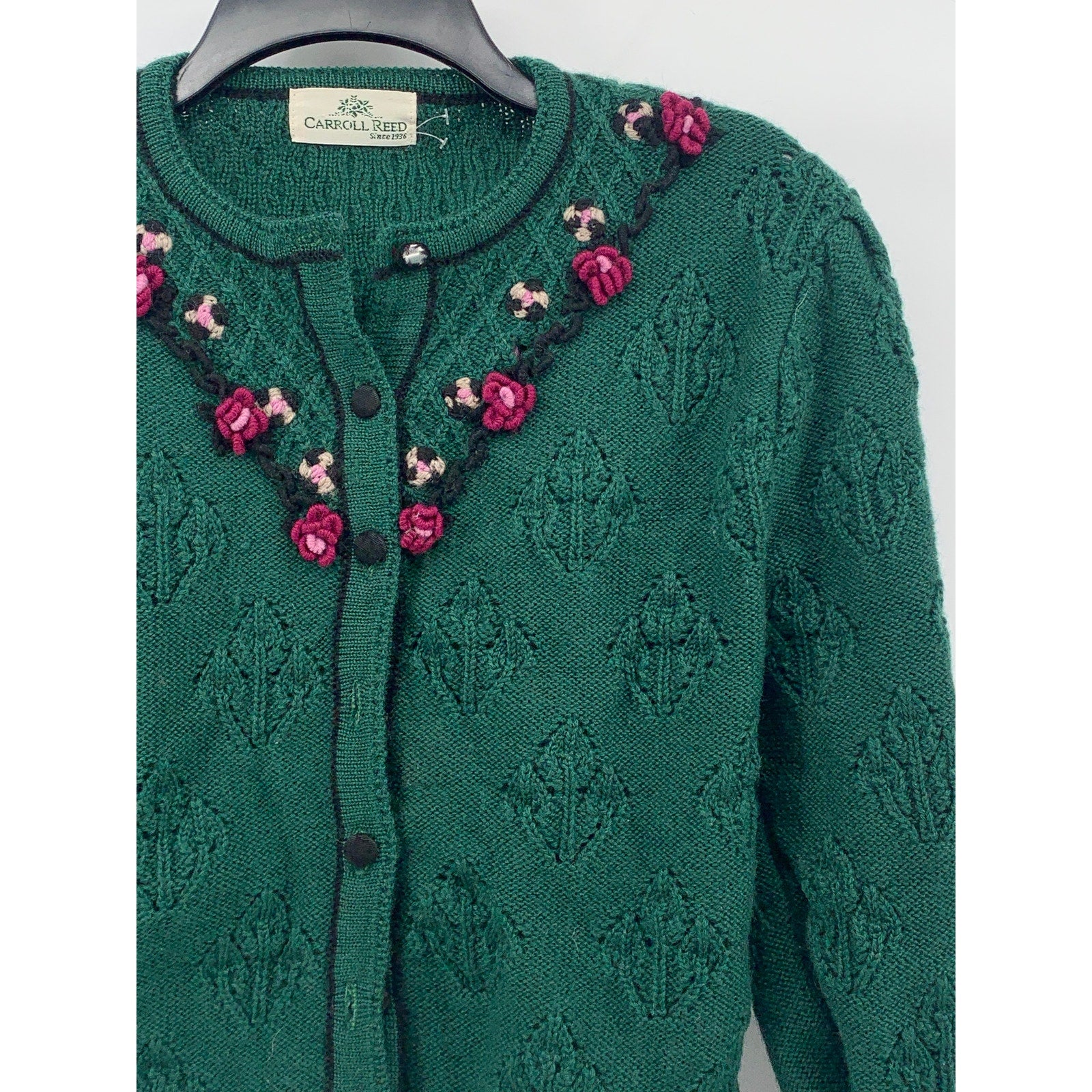 CARROLL REED Women's Vintage 70's Green 3D Floral Knit Button-Up Cardigan SZ S