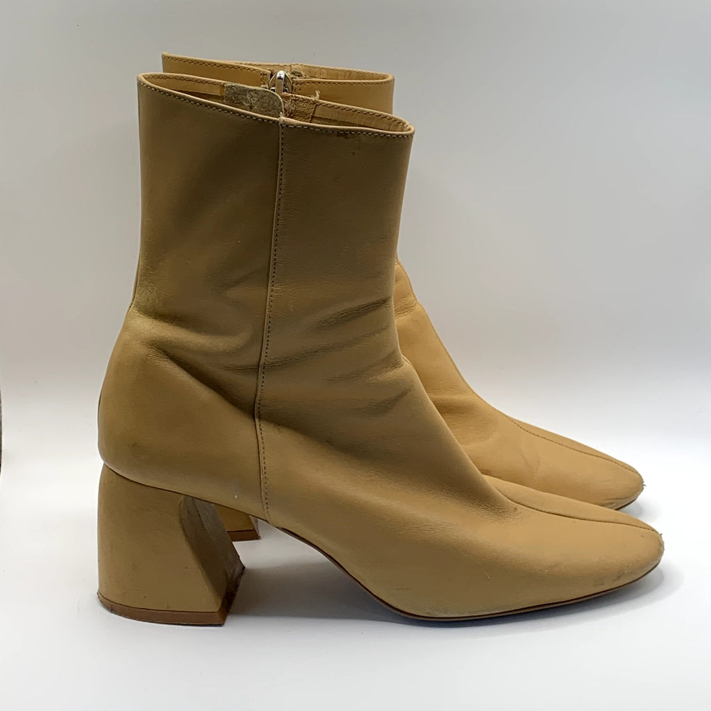 ZARA Women's Tan Faux-Leather Block-Heel Round-Toe Ankle Boots SZ 8