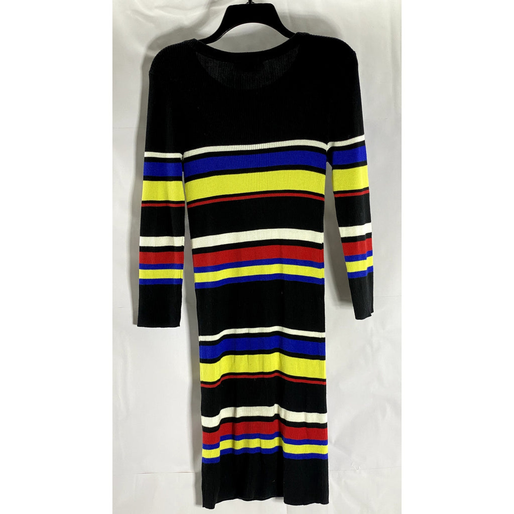 SANCTUARY Women's Black/Multi Striped Crewneck 3/4 Sleeve Knit Mini Dress SZ M
