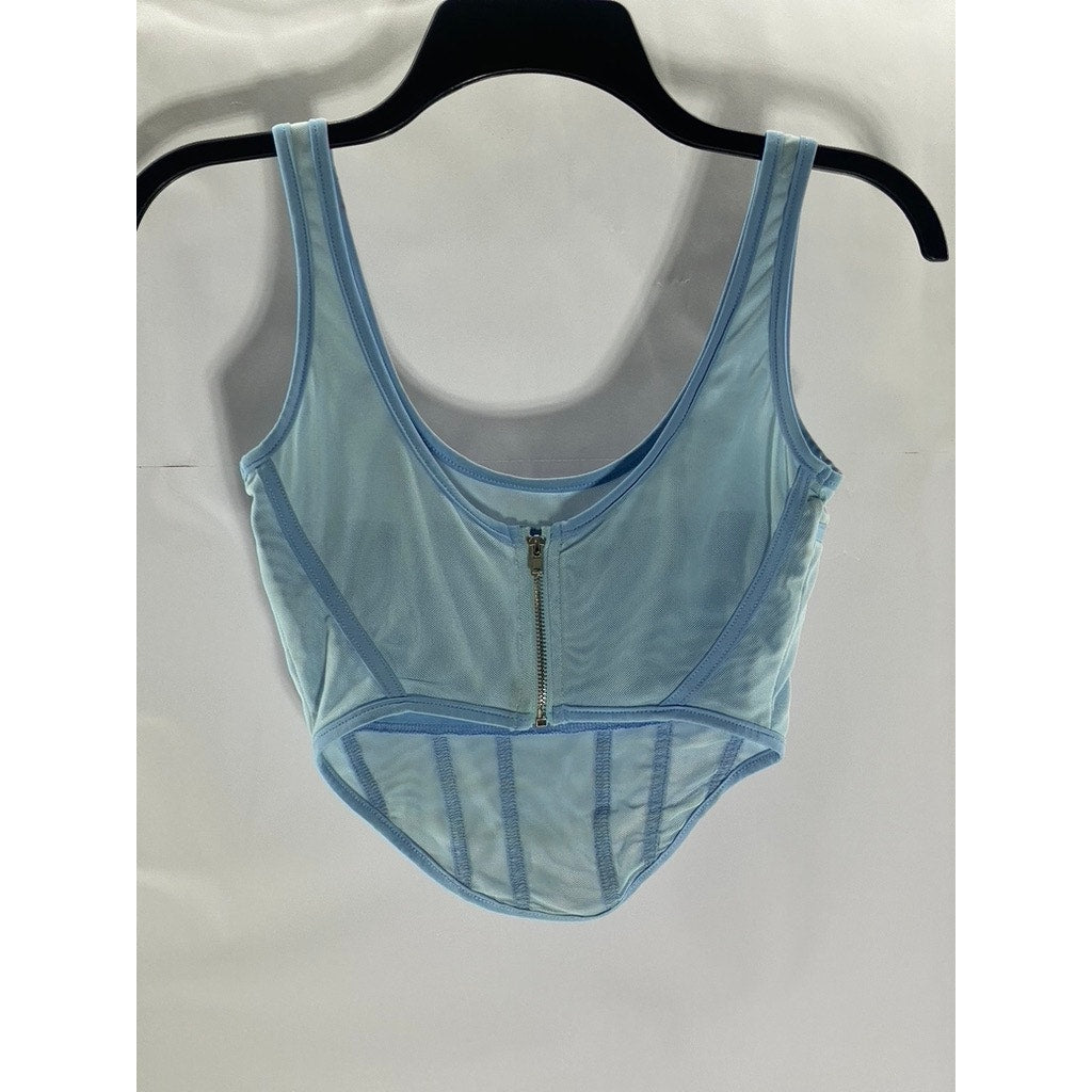UNBRANDED Women's Light Blue Mesh Banded Corset Pointed-Hem Top SZ S