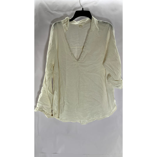 H&M Women's Cream V-Neck Long Roll-Tab Sleeve Linen Blend Top SZ L