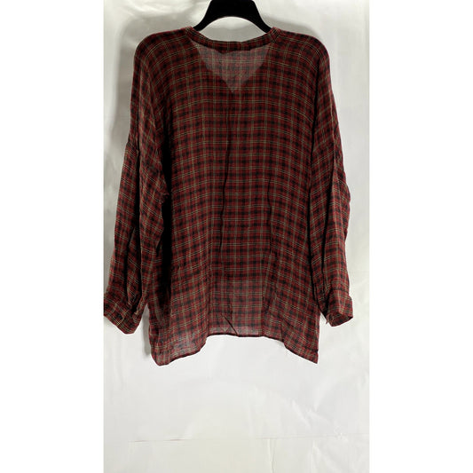 ZARA Women's Red/Green Plaid Long Sleeve Hi-Low Hem Henley Top SZ M