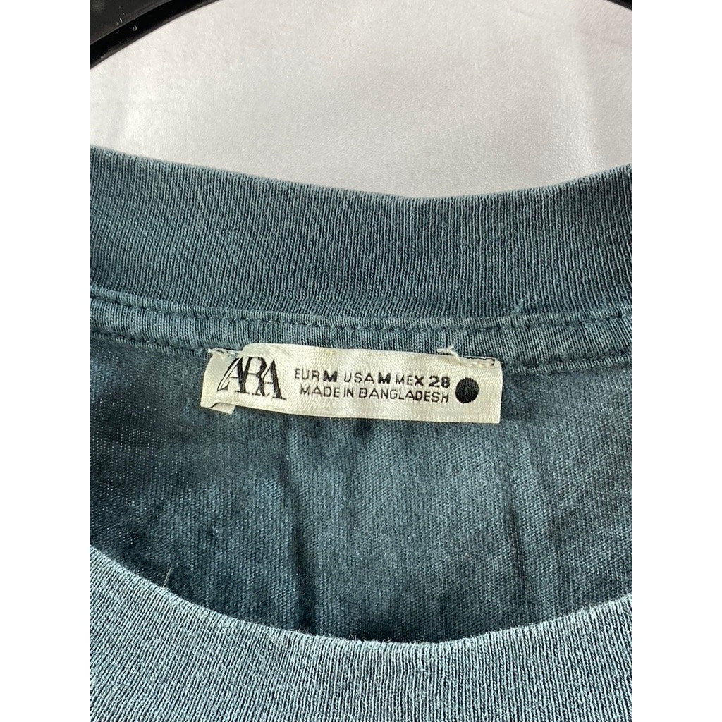 ZARA Women's Blue Solid Crewneck Short Sleeve Casual Cotton Top SZ M