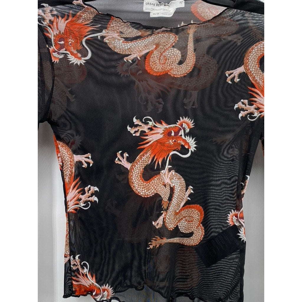 URBAN RENEWAL Women's Black-Orange Crewneck Sheer Remnants Dragon Top SZ XS
