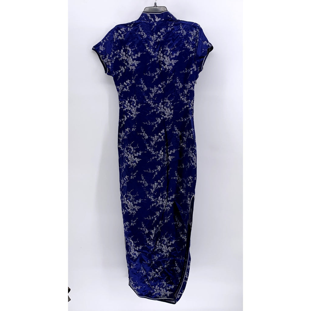 UNBRANDED Women's Dark Blue Satin Floral Print Cheongsam Dress SZ 38(US10)