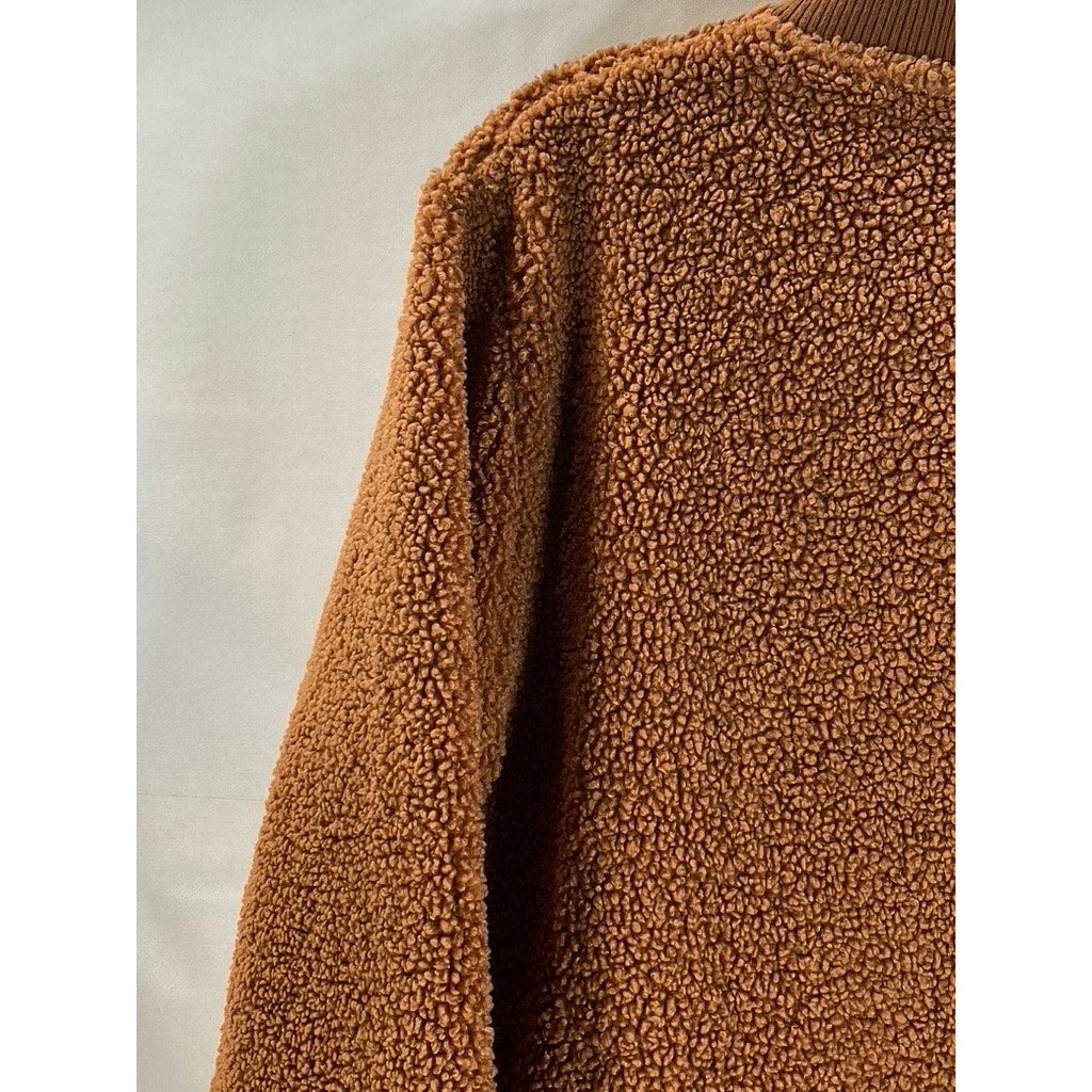 FOREVER 21 Women's Brown Faux-Fur Teddy Full-Zio Bomber Jacket SZ M