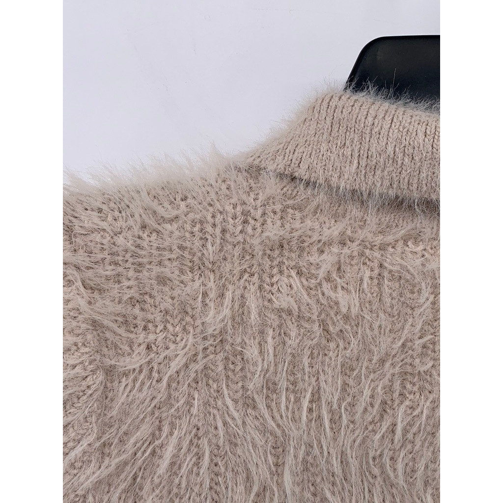 ZARA Women's Beige Fuzzy Knit Split-Neck Short Sleeve Cropped Polo Top SZ S