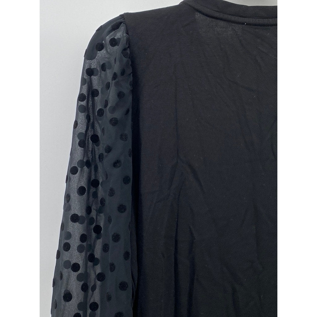 LOFT Women's Black Crewneck Sheer Dot Print Long Sleeve Top SZ L