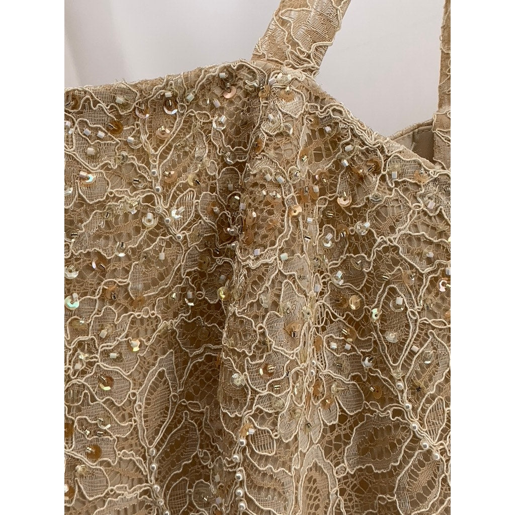 KAREN MILLER NY Women's Tan Embroidered Sequin-Beaded Formal Dress SZ 16