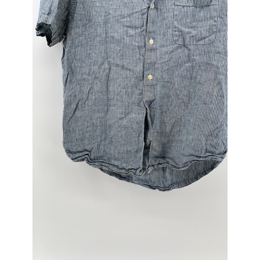 EVERLANE Men's Blue-White Micro Striped Linen Button-Up Short Sleeve Shirt SZ M