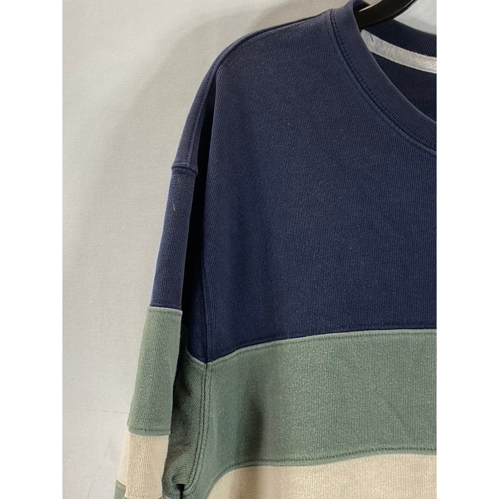 J.CREW ALWAYS Men's Navy/Green Pieced Stripe Crewneck Rugby Sweatshirt SZ L