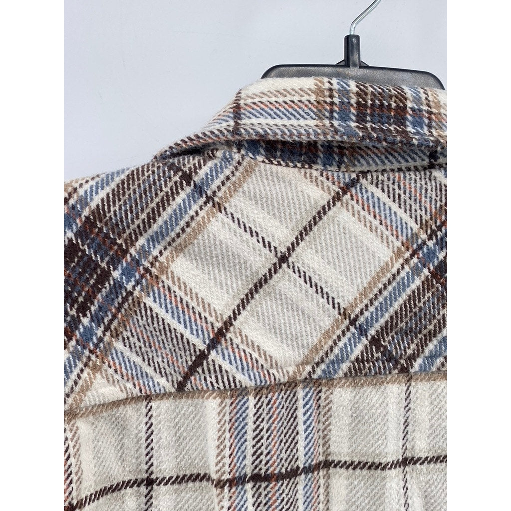 GOODFELLOW & CO Men's Beige-Brown-Blue Plaid Button-Up Flannel Shirt SZ M