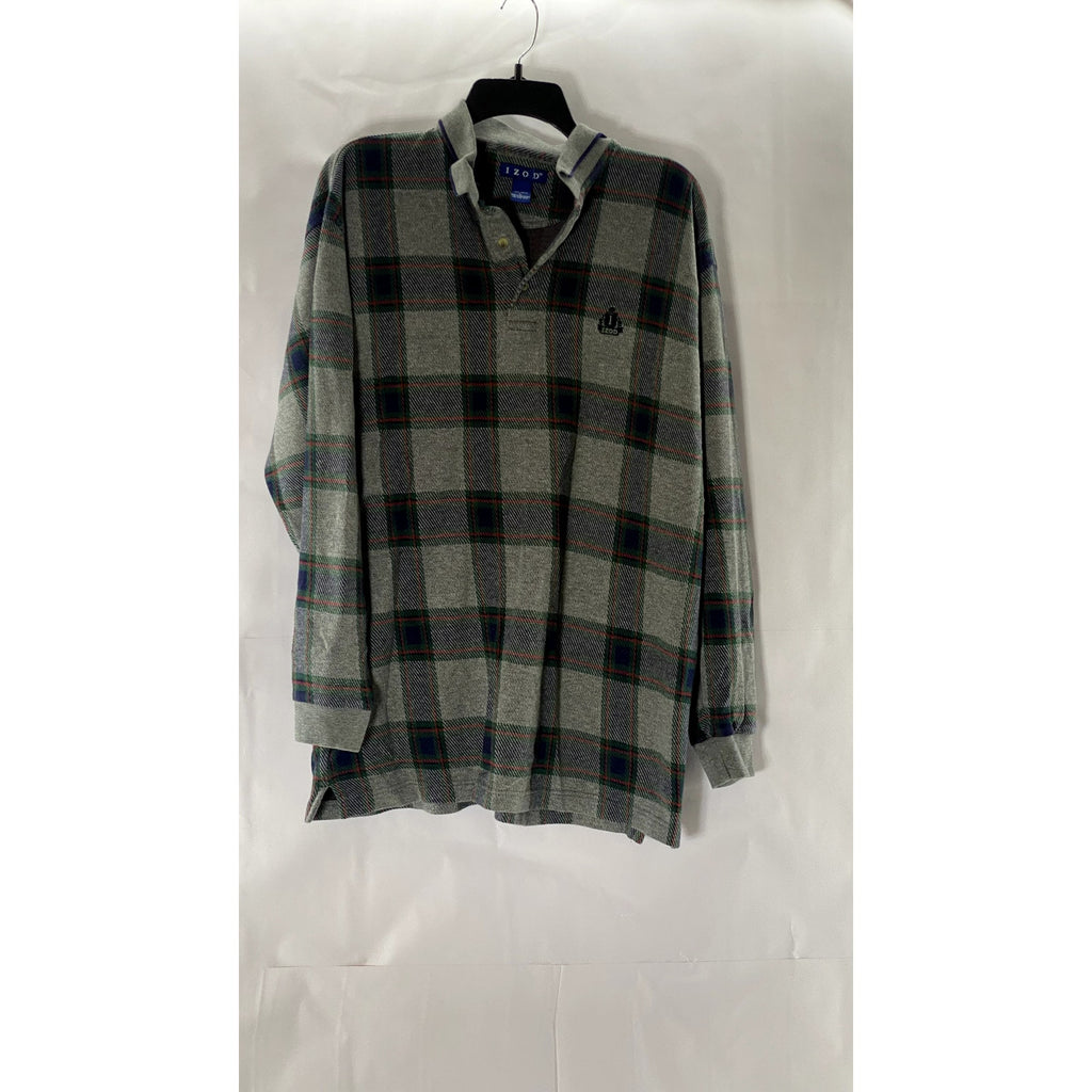 IZOD Men's Gray Check Regular-Fit Cotton Casual Long Sleeve Polo Shirt SZ L