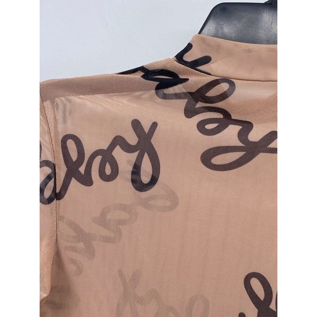 UNBRANDED Women's Tan-Black "Baby" Logo Mesh Mock-Neck Long Sleeve Bodysuit SZ S