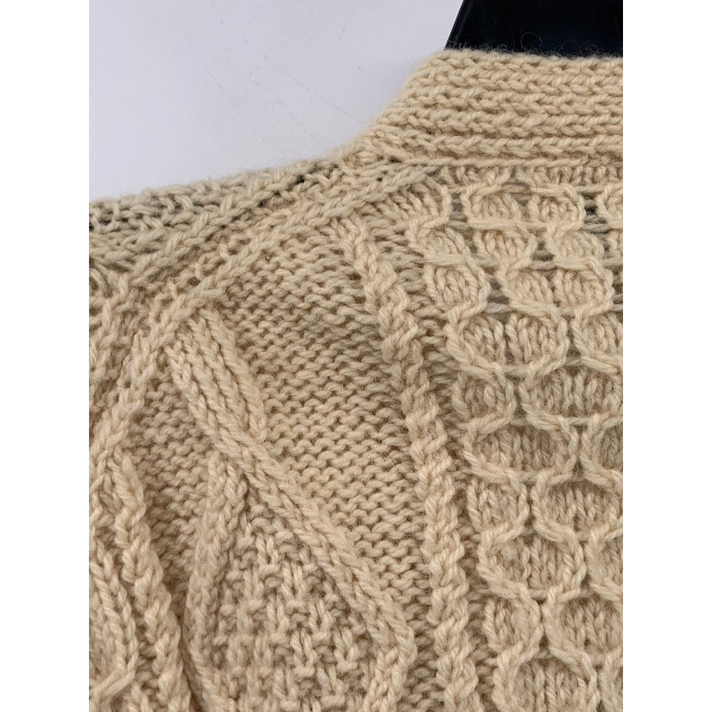 JOHN MOLLOY Men's Beige Vintage Wool Cable Knit Cardigan SZ L