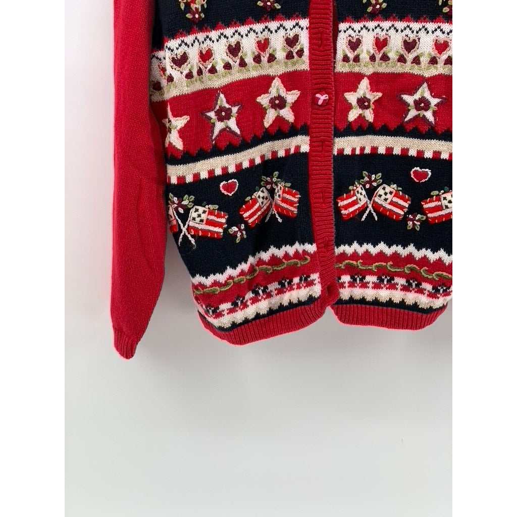 HEIRLOOM Women's Vintage Red Knit Hearts/Stars/American Flag Cardigan SZ XL