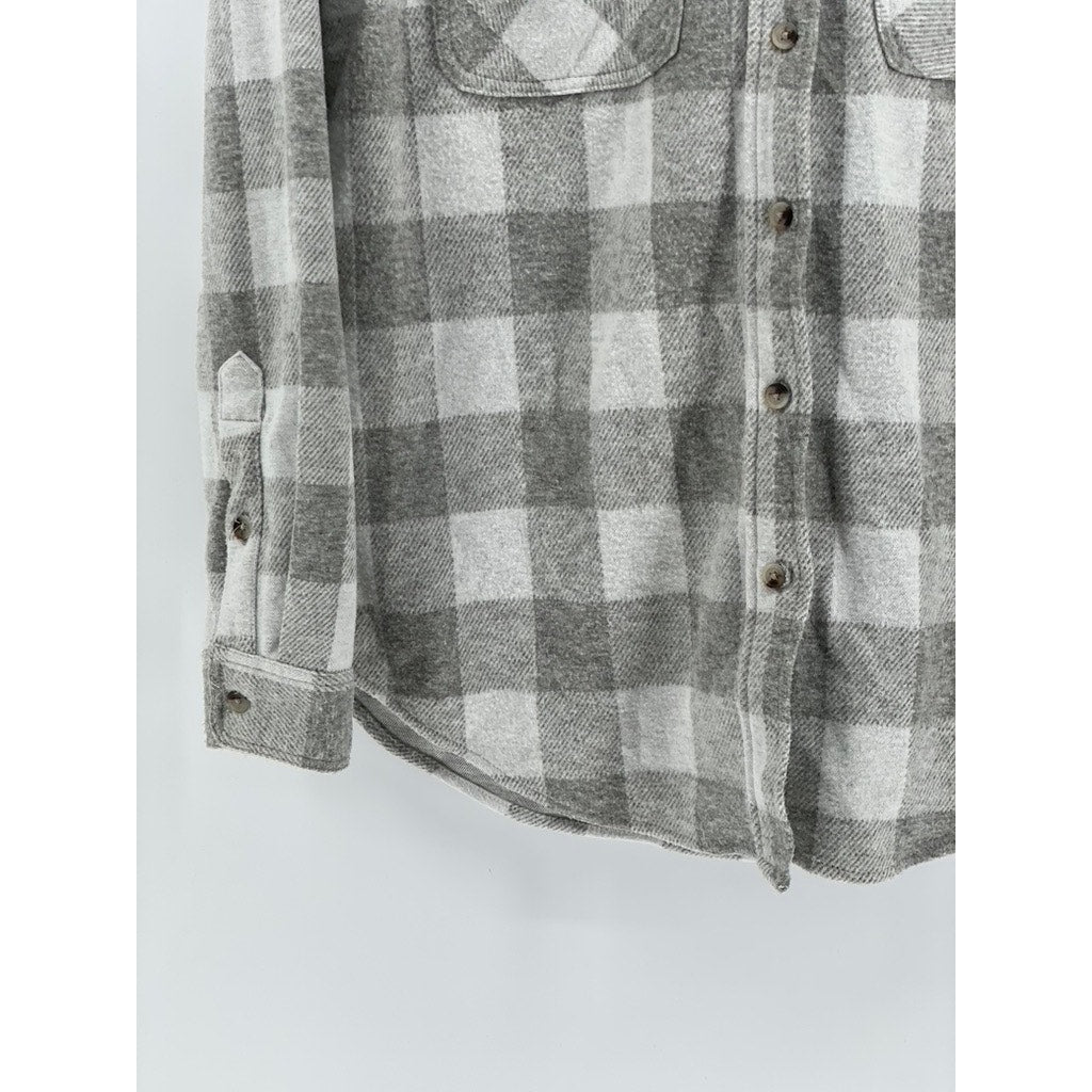 BEACHLUNCHLOUNGE Women's Gray-White Plaid Button-Up Long Sleeve Top SZ M